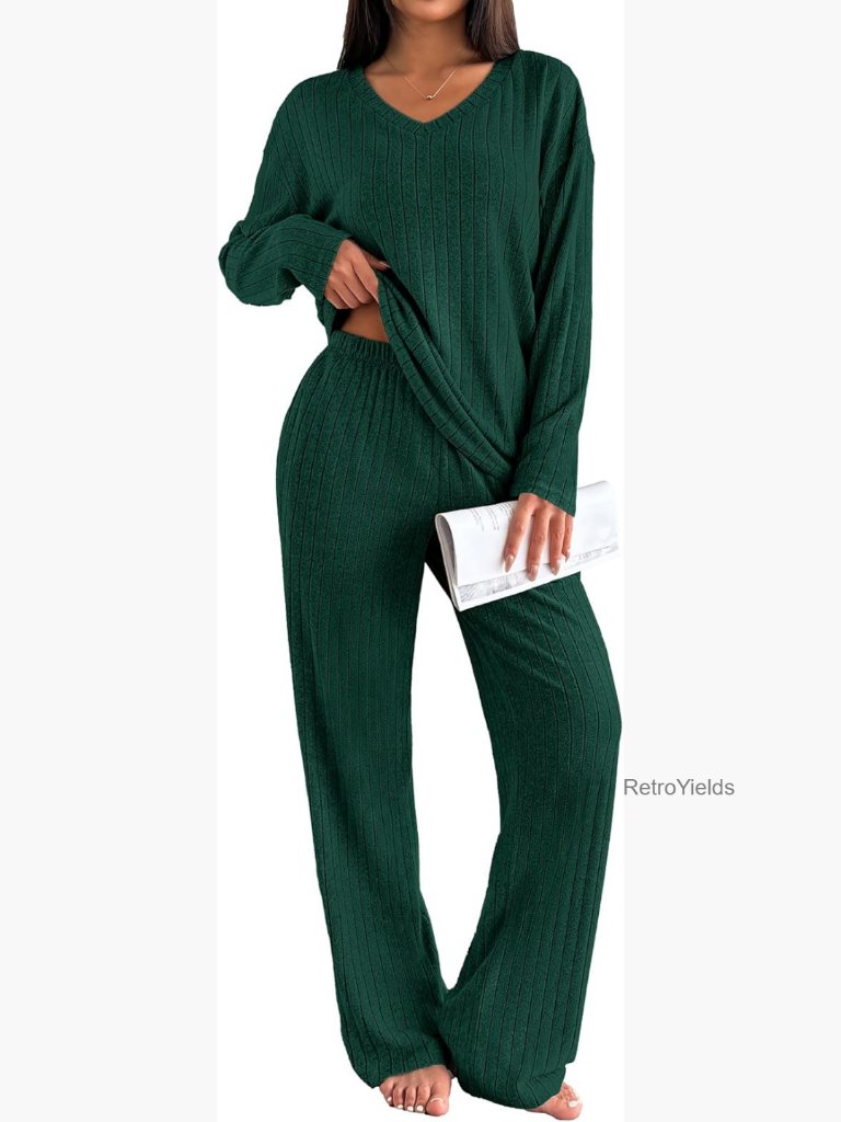 Long Sleeve Knit Ribbed Pajama Set 2 Piece Loungewear With Pockets